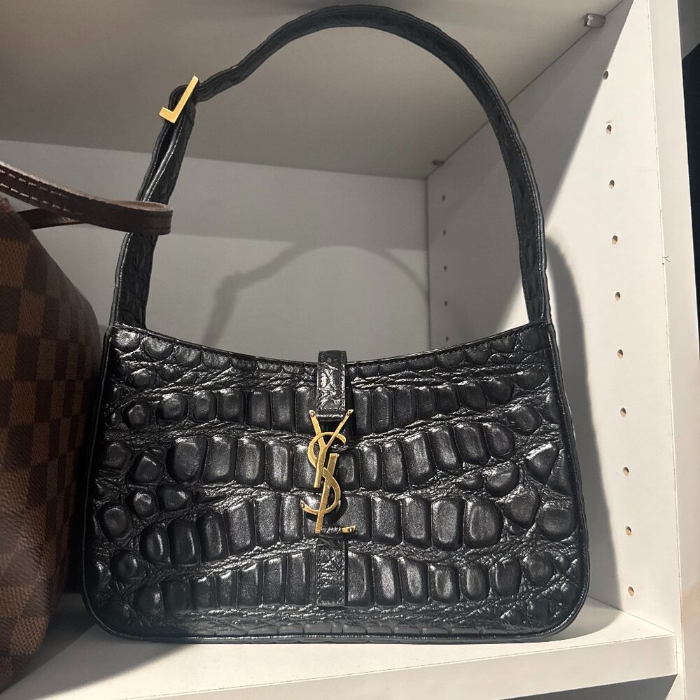 Saint Laurent Le 5 a 7 Hobo Crocodile Embossed Leather Small Black -FIRM price